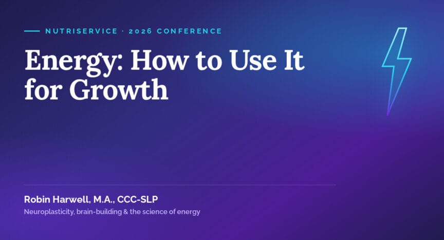 Energy: How to Use It for Growth — 2026 Nutriservice Conference session by Robin Harwell, indigo-to-violet gradient with a cyan lightning bolt